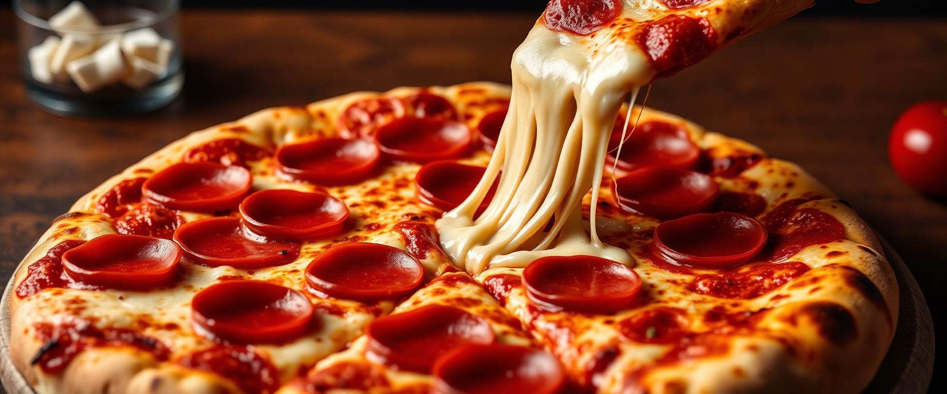 Steaming Chicago deep-dish pizza with cheese pull